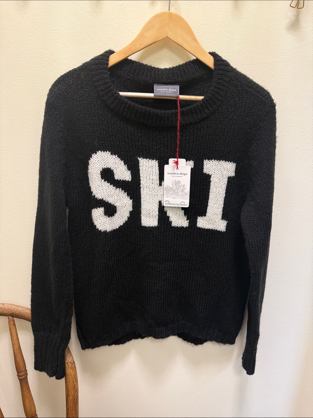 Wooden Ships Black Crewneck Sweater with White 'SKI' Graphic